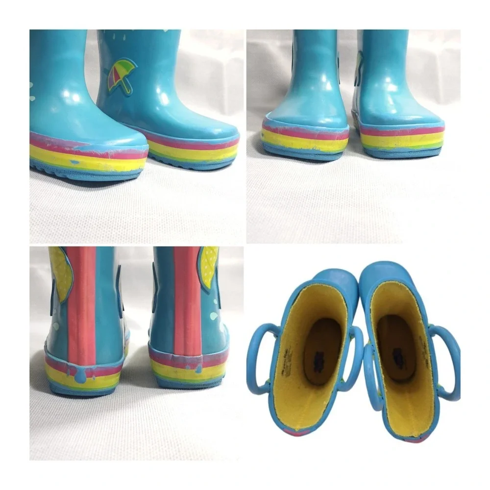 Peppa Pig Kids Rain Boots Size 5-6 Pull On Galoshes Blue Rainbow Umbrella